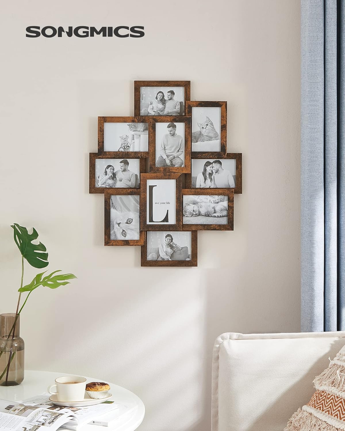 SONGMICS Rama foto de perete din MDF, colaj de 10 fotografii, 60x49cm, maro rustic
