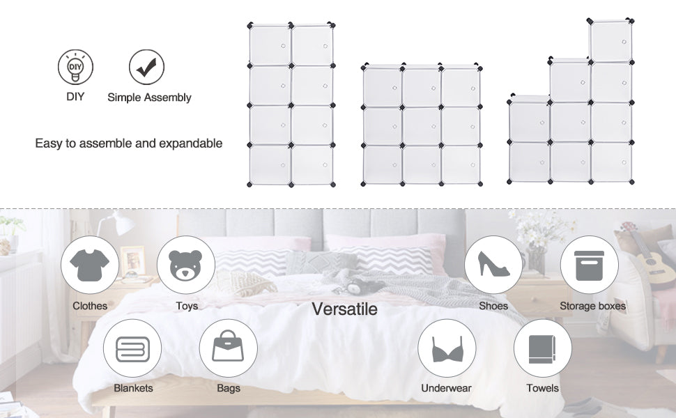 SONGMICS Organizator modular 93x31x93 cm, 9 cuburi cu usi, plastic si cadru metalic, alb