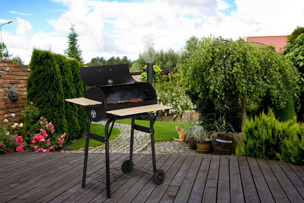 Gratar de gradina 91x60x114 cm, cu cos de fum, termometru si 3 rafturi, metal cromat, negru
