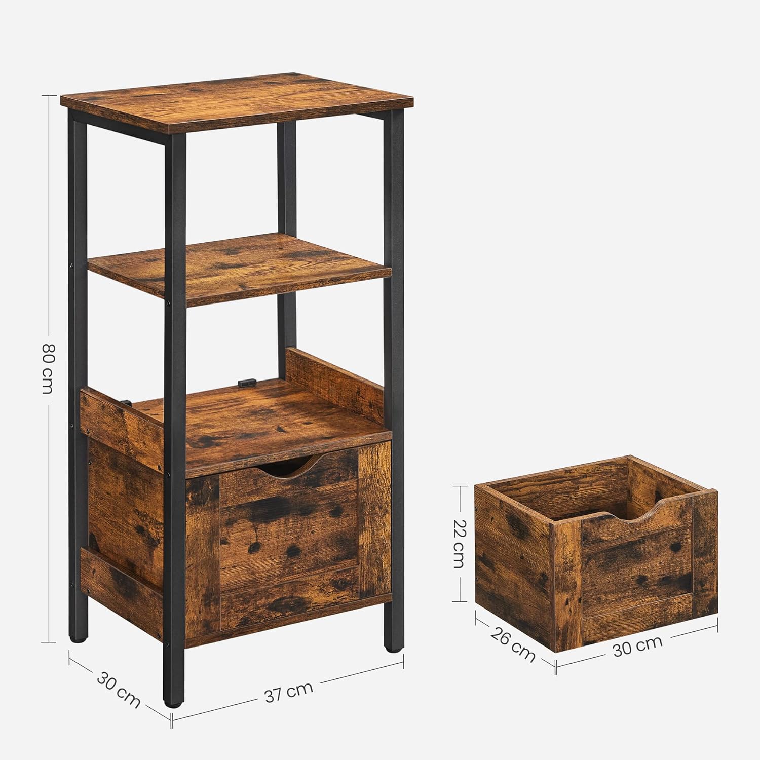 VASAGLE Noptiera inalta, din MDF, cu 2 sertare reglabile, 37x30x80 cm, maro rustic