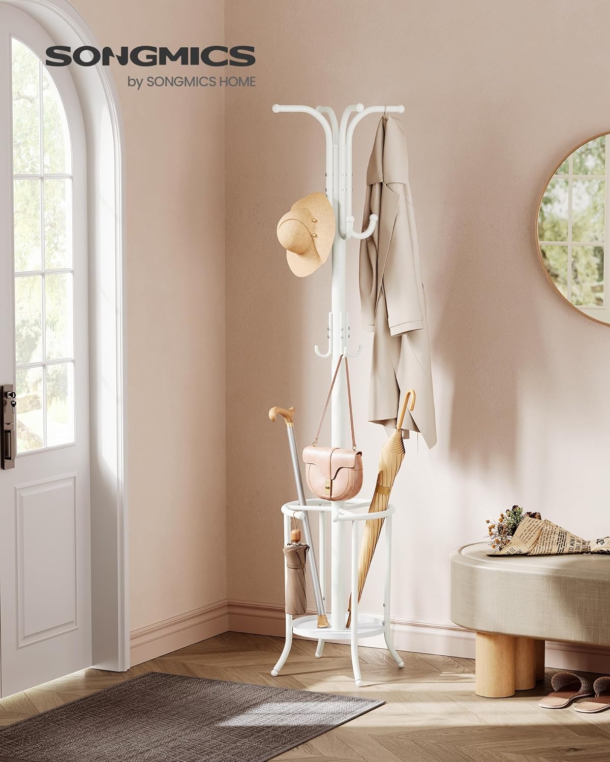 SONGMICS Cuier pentru haine, cu suport de umbrele, 12 agatatori, 175 cm, alb