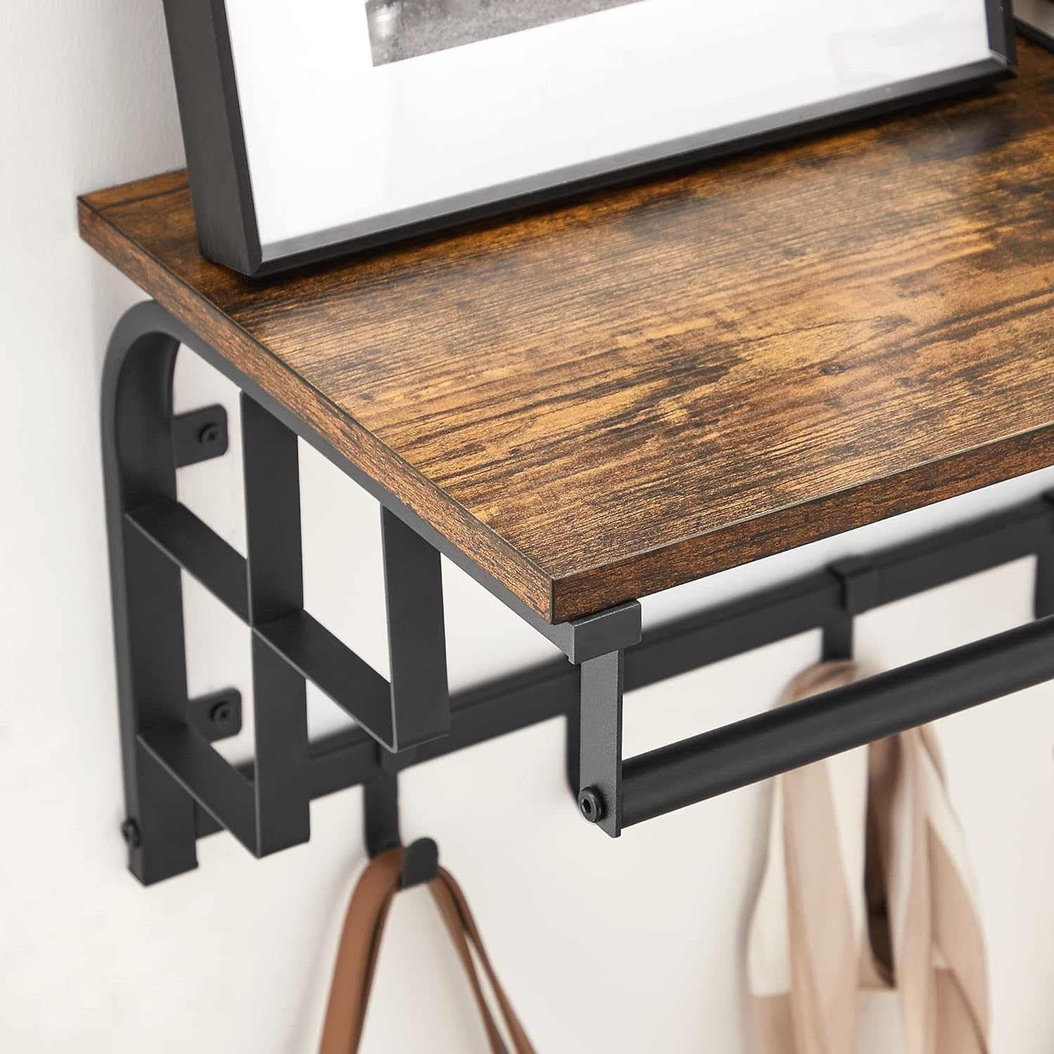 VASAGLE Cuier de perete cu raft de depozitare, 5 carlige detasabile, 30x66x27cm, maro rustic si negru