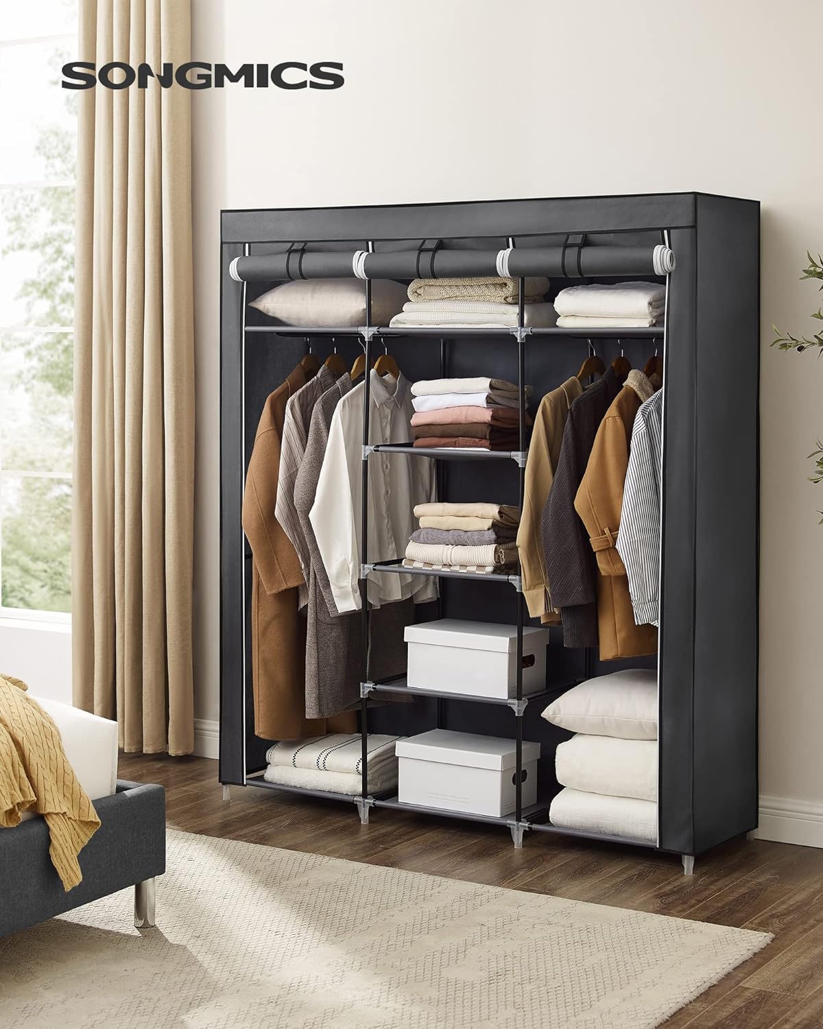 SONGMICS Garderoba pentru depozitarea hainelor, din material textil, cu 3 compartimente, 45x150x175cm, gri