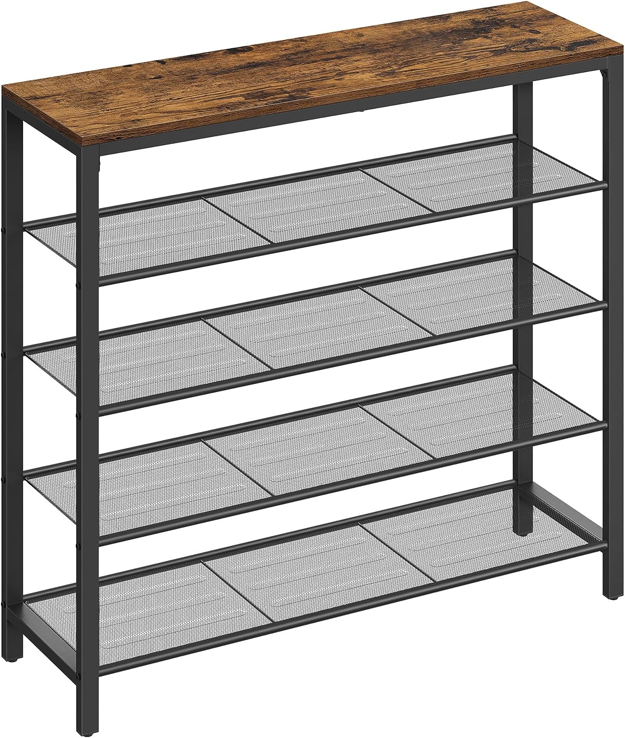 VASAGLE Raft de pantofi, cu 4 rafturi din plasa, cadru din otel, industrial, 30x100x92cm, maro rustic si negru