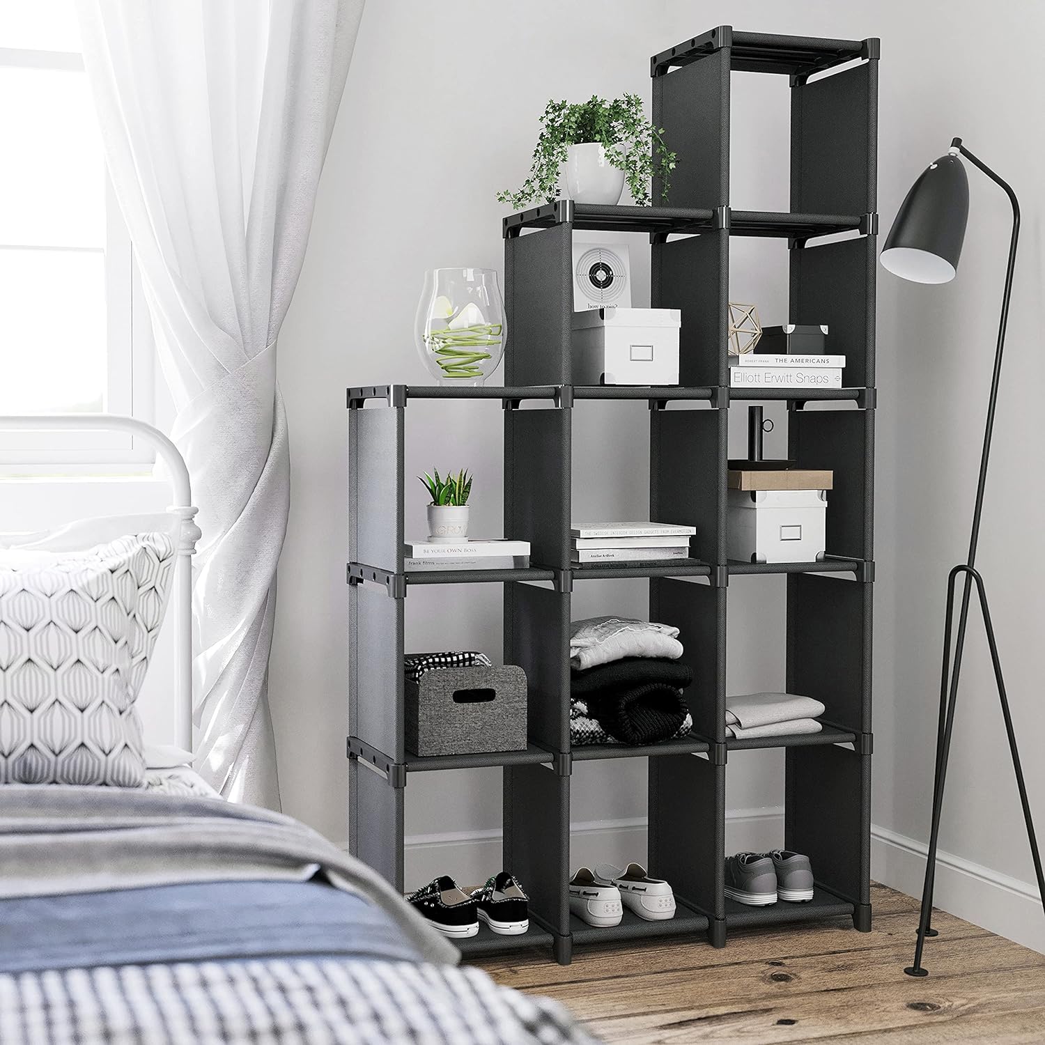 SONGMICS Raft de depozitare modular cu 12 cuburi, textil, personalizabil, 30x105x140 cm, negru