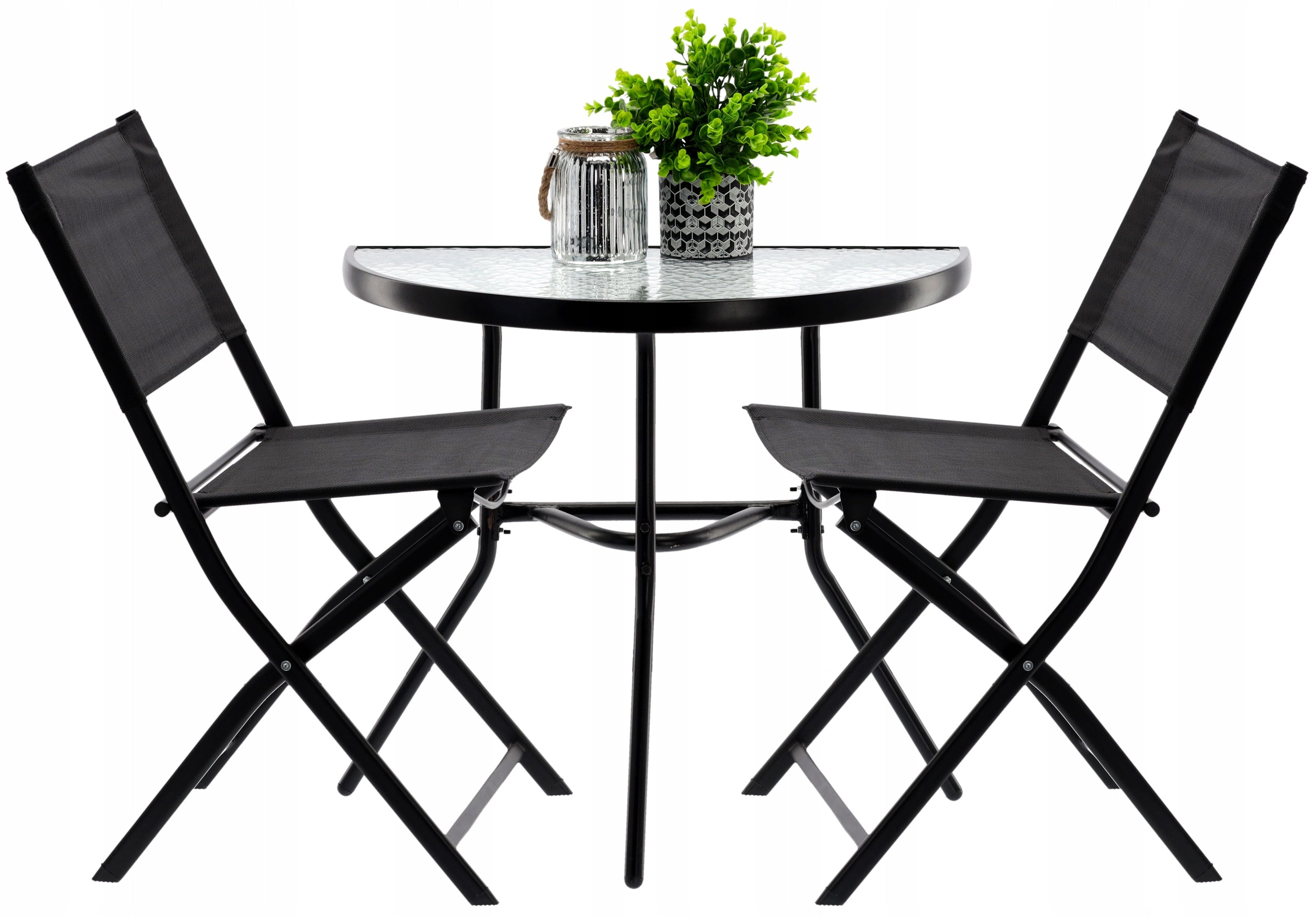 Set mobilier gradina sau balcon, masa semirotund sticla cu 2 scaune pliabile, negru