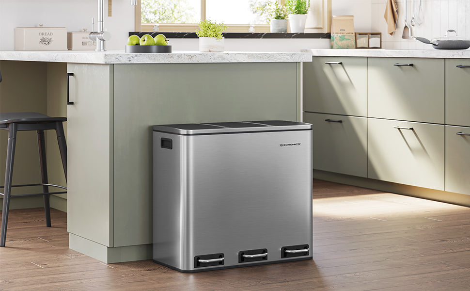SONGMICS Cos de gunoi din inox cu 3 compartimente colectare selectiva, cu galeti interioare, 3x18litri, argintiu si negru