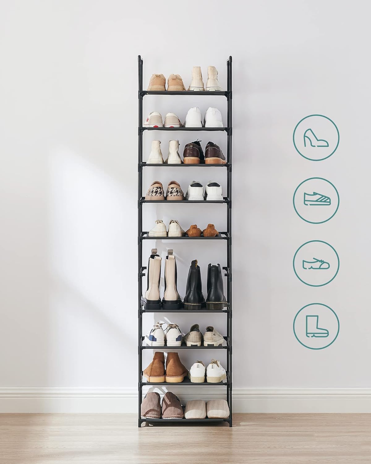 SONGMICS Raft de depozitare pantofi pe 10 niveluri, metal, instalare modulara, 28x45x173cm, negru