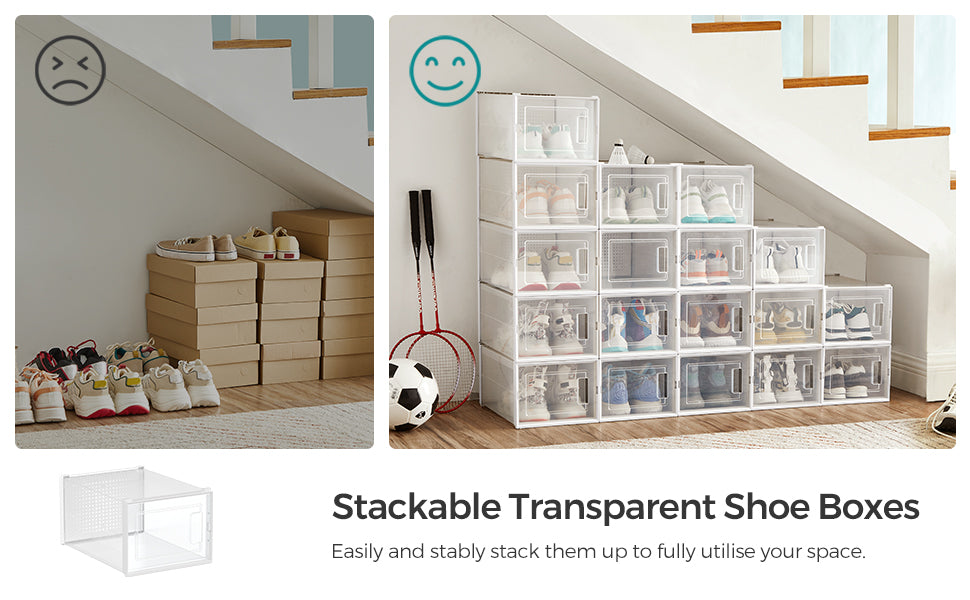 Cutii de pantofi, set de 18 organizatoare stivuibile, structura rezistenta ABS, 35x25x19cm, transparent