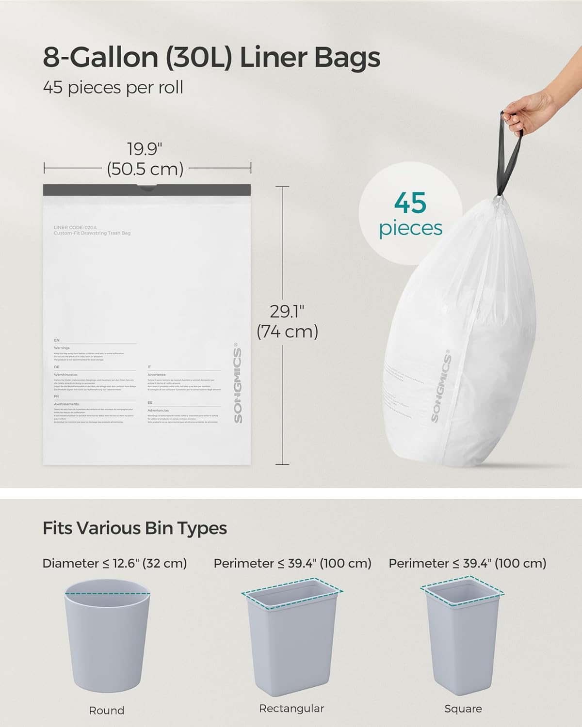 SONGMICS Saci de gunoi pentru cosuri de bucatarie de 30 litri, pre-separate, 90 bucati, alb