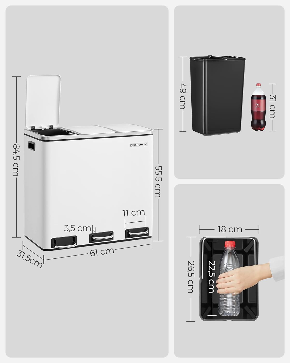 SONGMICS Cos de gunoi din inox cu 3 compartimente colectare selectiva, cu galeti interioare, 3x18litri, 62x32x56cm, alb