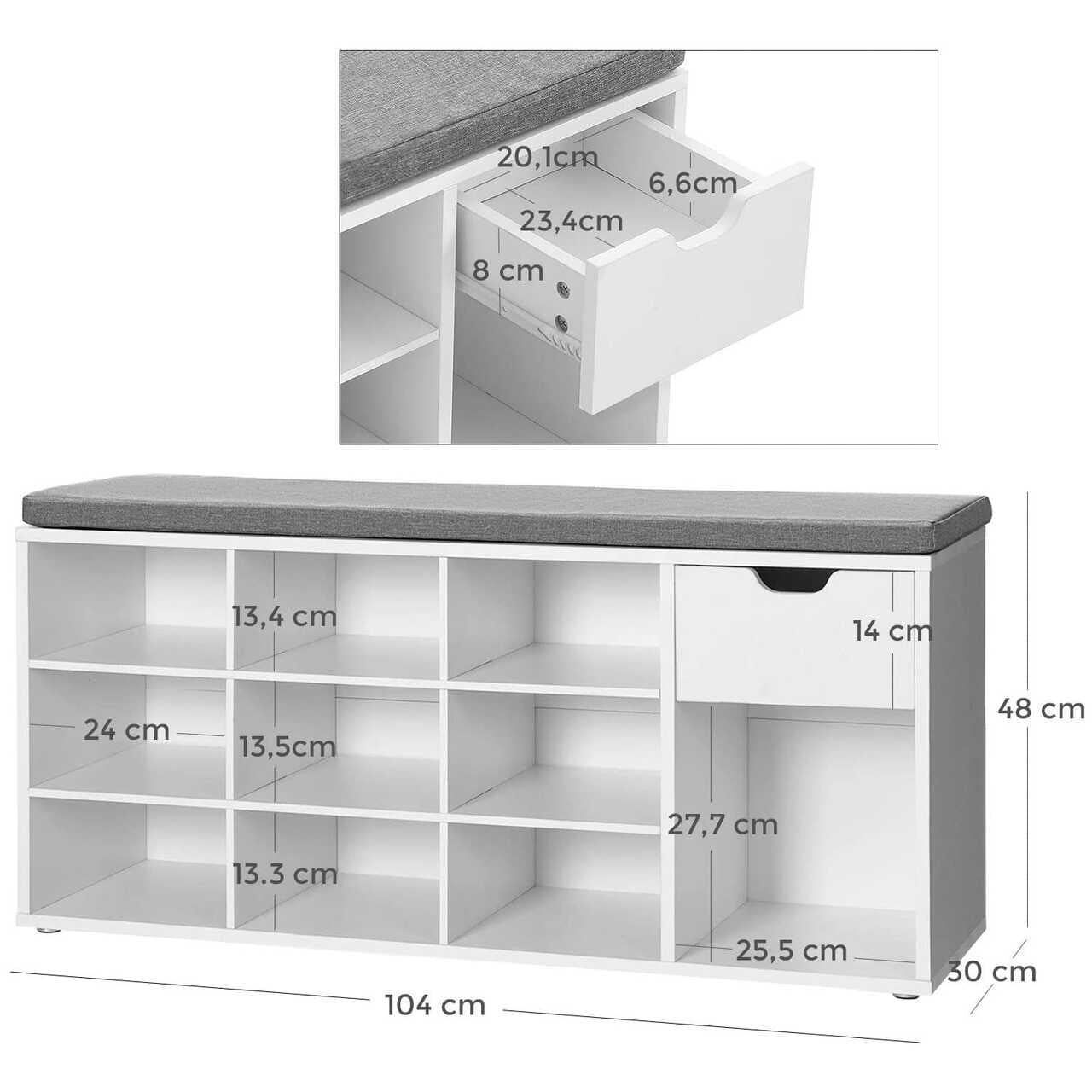 VASAGLE Banca de depozitare cu suport pentru pantofi, 10 compartimente si dulap, cu perna, 30x104x48cm, alb