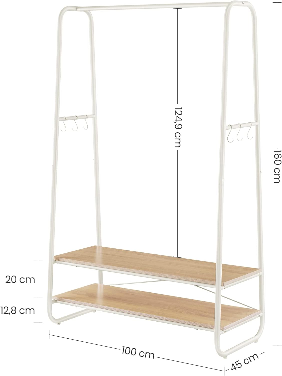 VASAGLE Raft pentru haine cu suport pentru pantofi, 2 polite, 6 carlige laterale, 45x100x160cm, alb-crem