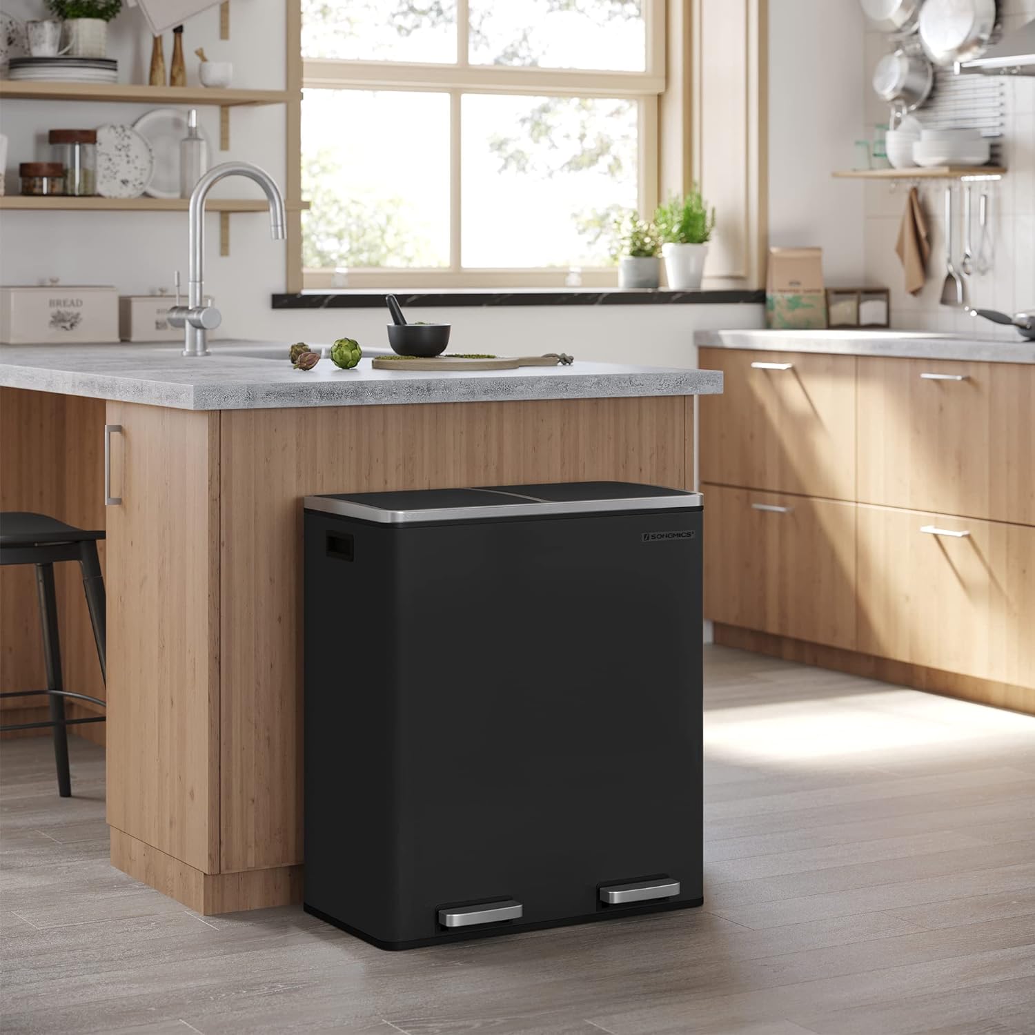 SONGMICS Cos de gunoi din inox cu 2 compartimente colectare selectiva, cu galeti interioare, 2x30litri, negru