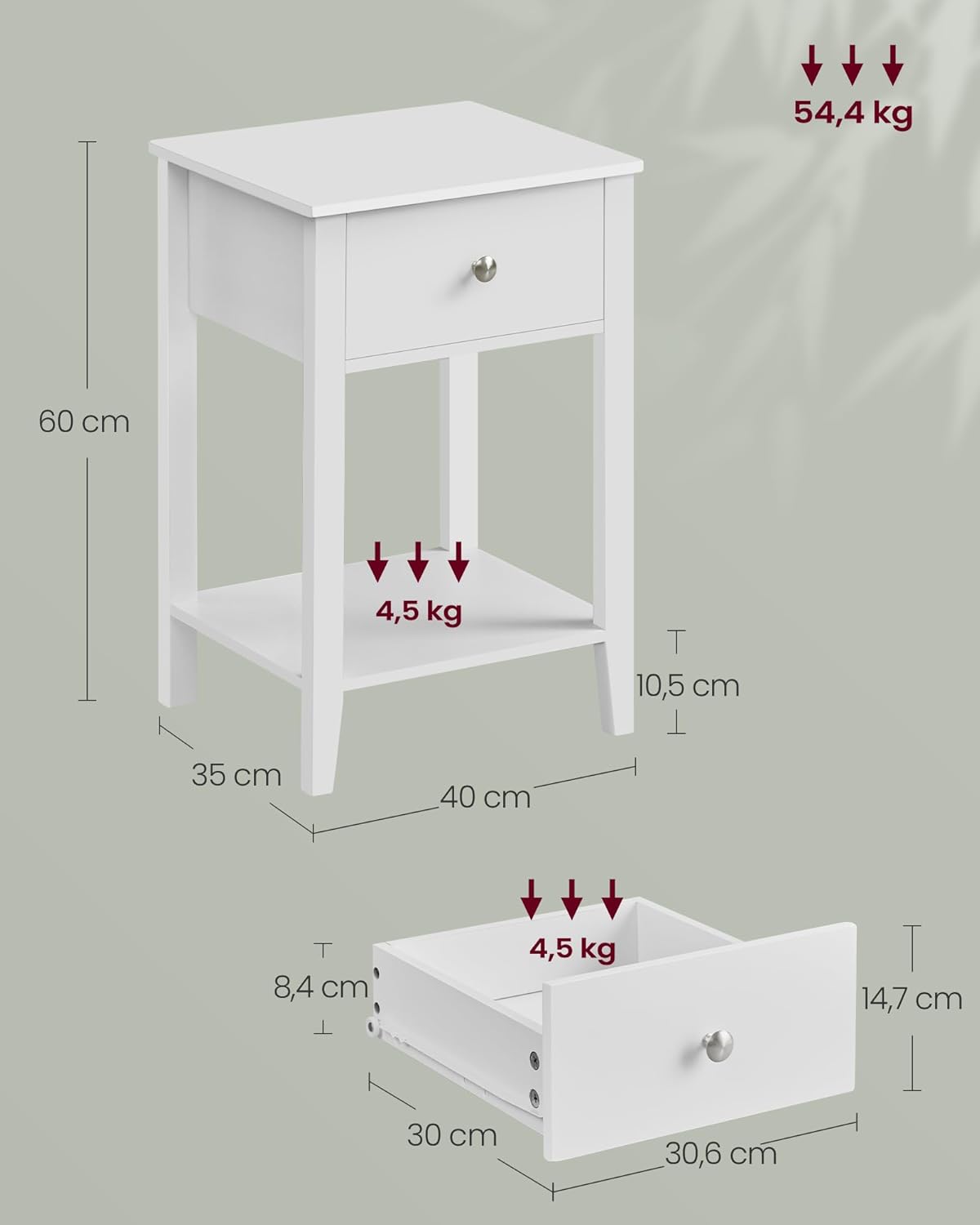 VASAGLE Set de 2 noptiere din bambus, cu sertare, 35x40x60 cm, alb