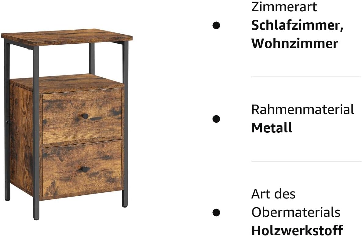 Noptiera cu 2 sertare pentru dormitor, design industrial, 28x38x60cm, maro si negru