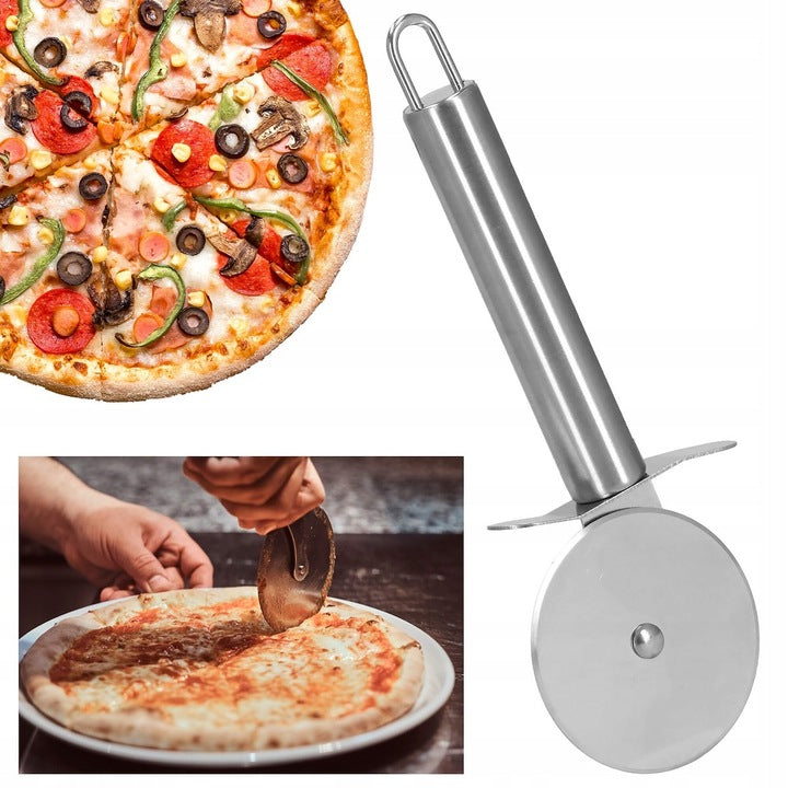 Set 3 accesorii pentru pizza, tava, spatula si taietor, inox cu manere din lemn