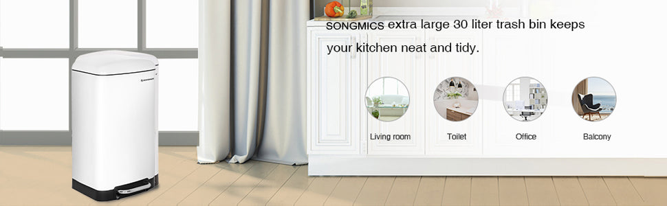 SONGMICS Cos de gunoi din otel cu pedala, 30litri, cu galeata interioara si capac, soft close, 34x61x32cm, alb