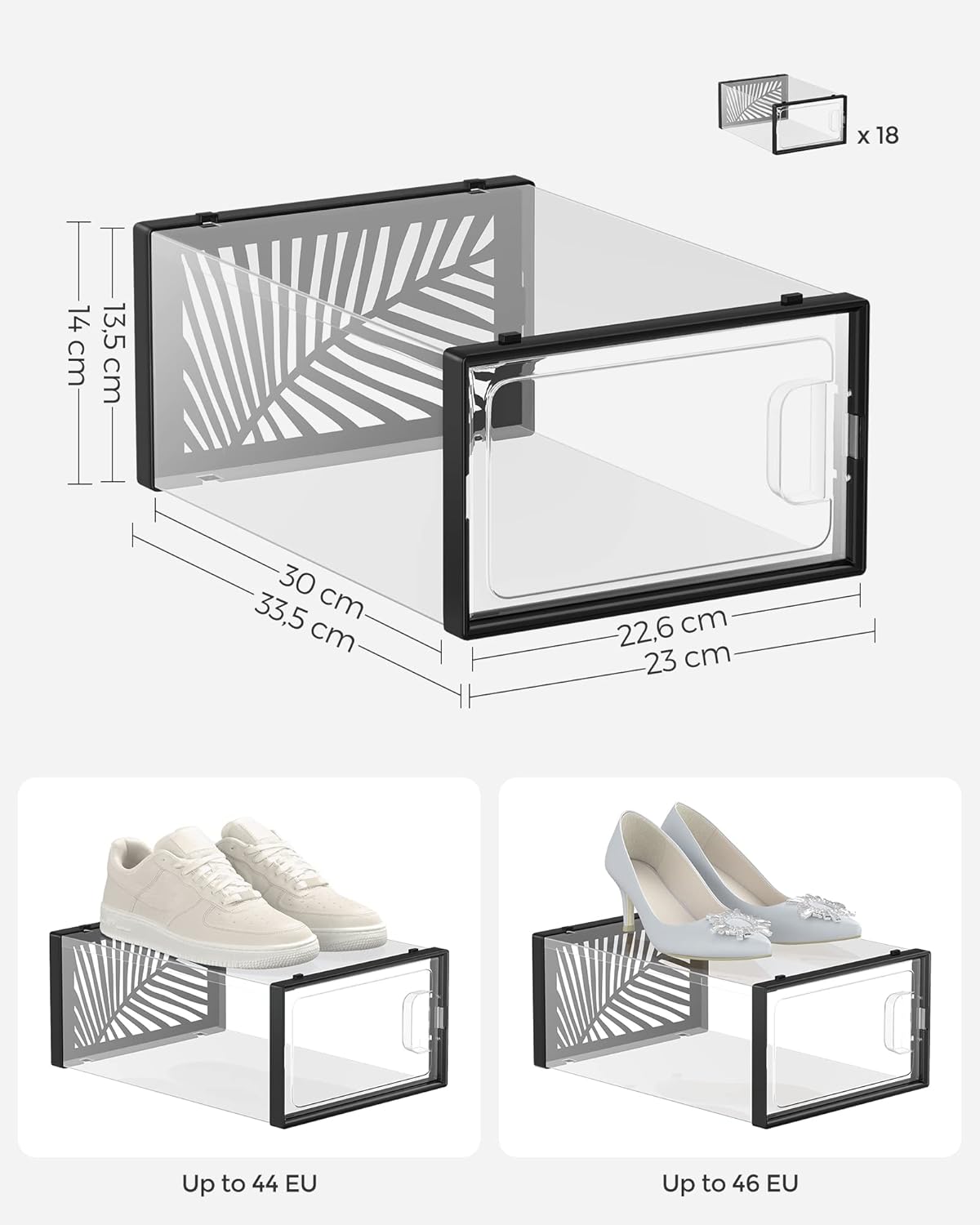 SONGMICS Cutii de pantofi, set 18 organizatoare stivuibile, structura rezistenta ABS, 34x23x14 cm, transparent si negru