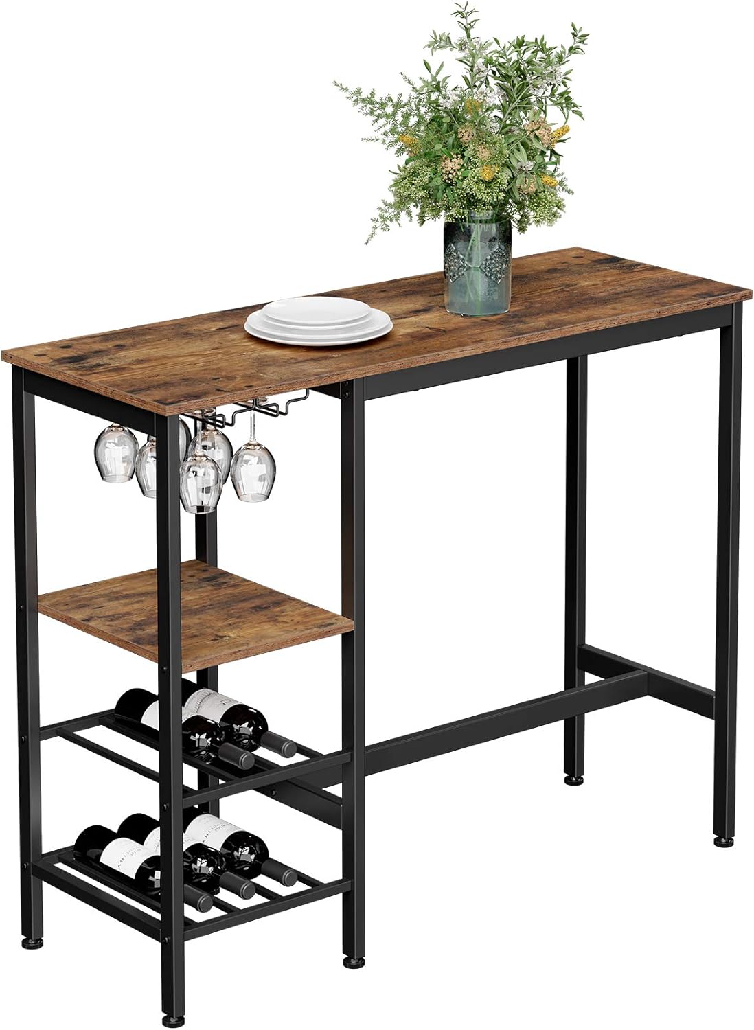 Masa inalta de bar, cu suport pentru sticle si pahare de vin, 110x40x90cm, maro rustic si negru