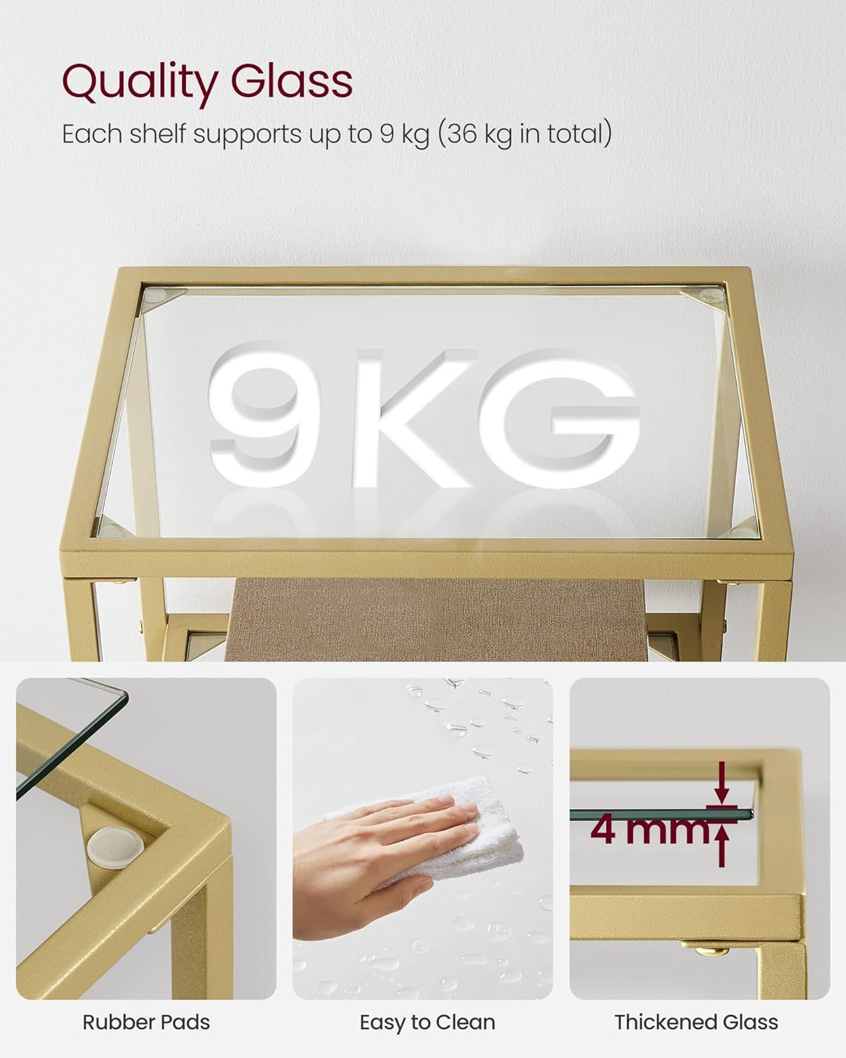 VASAGLE Raft cu trepte pentru dormitor, 4 etaje, din sticla securizata, cadru din otel, 30x95x40cm, auriu