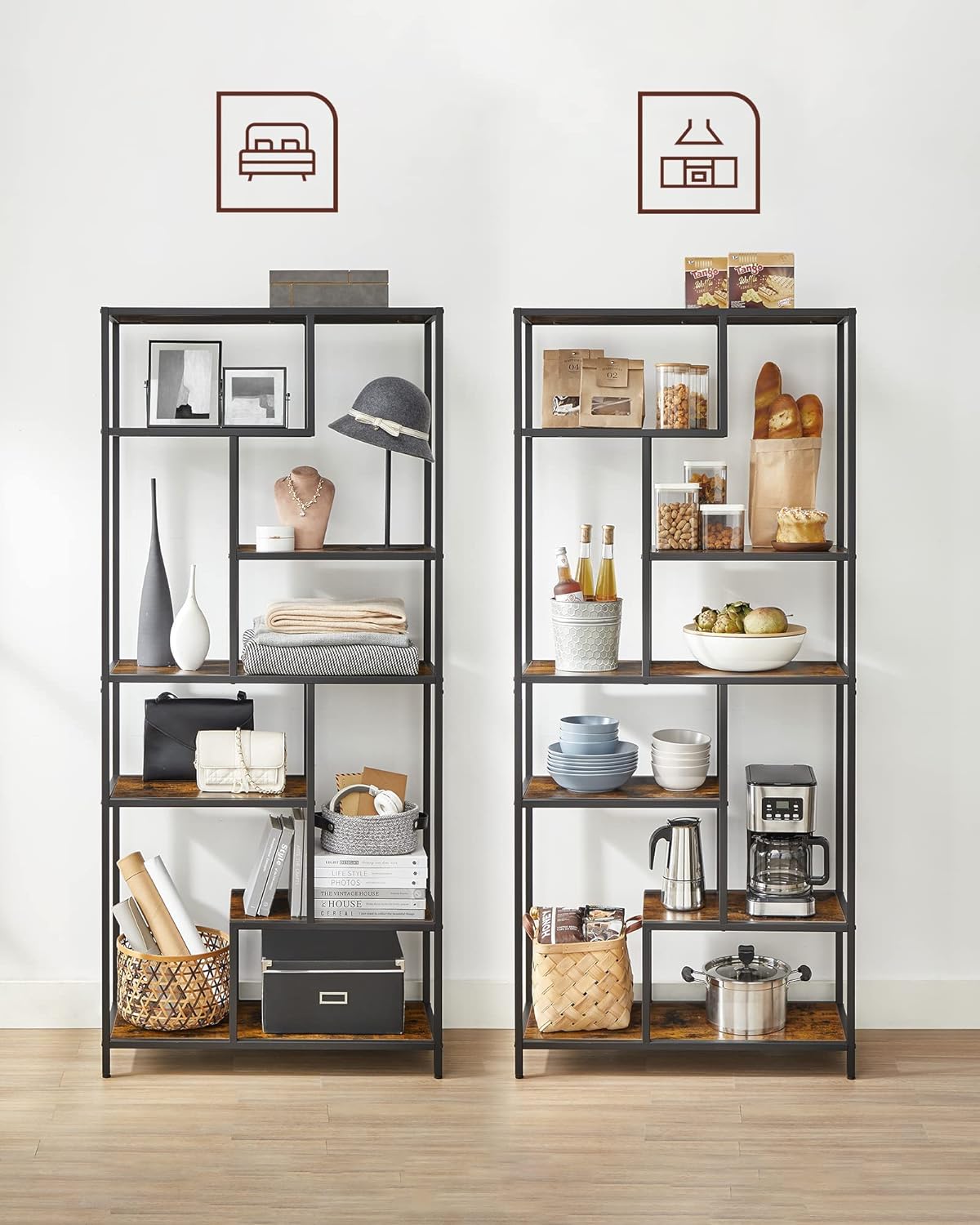 VASAGLE Biblioteca cu forma geometrica, pe 6 nivele, stil industrial, 30x80x180cm, maro rustic si negru