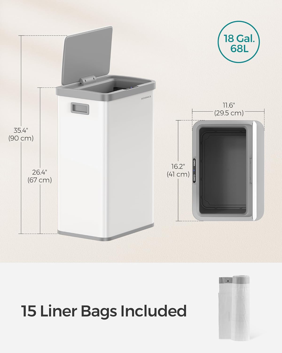 SONGMICS Cos de gunoi din inox, cu senzor si soft-close, 68 litri, 41x30x67 cm, alb