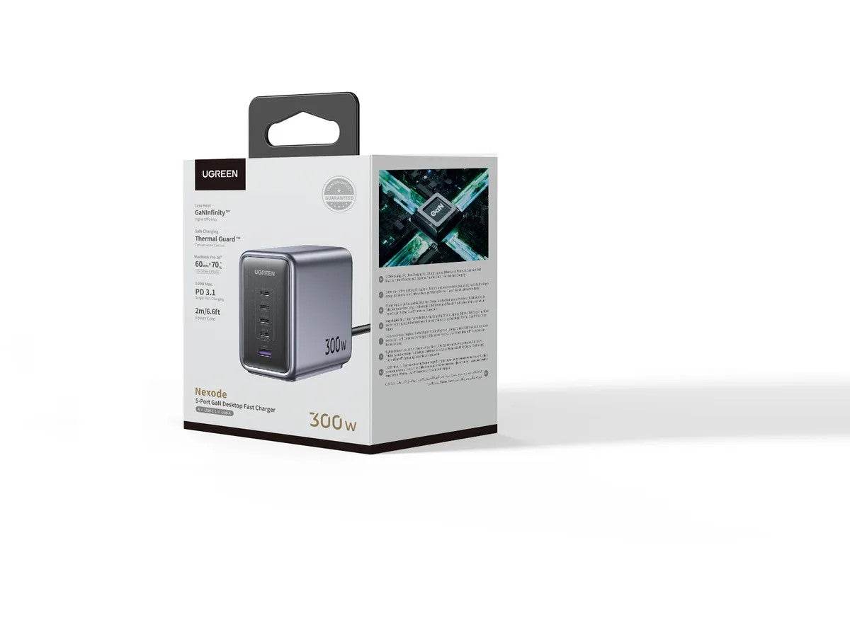 INCARCATOR RETEA UGREEN, "CD333" 300W GaN Nexode Desktop Charger PD3.1, 4 x USB Type-C, 1 x USB, lungime cablu 2m, gri "90903B" (include timbru verde 2 lei)