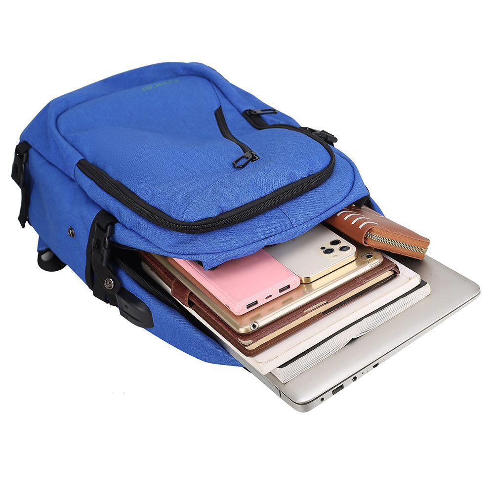 RUCSAC SPACER, pt. notebook de max. 15.6", 2 compartimente, buzunar frontal, buzunar lateral x 2, blocare fermoar, USB 2.0 (M)(pt. acces la Power Bank), Jack 3.5 mm (pt. acces la casti), waterproof, poliester, albastru, "Duke", "SPBP-DUKE-BL"