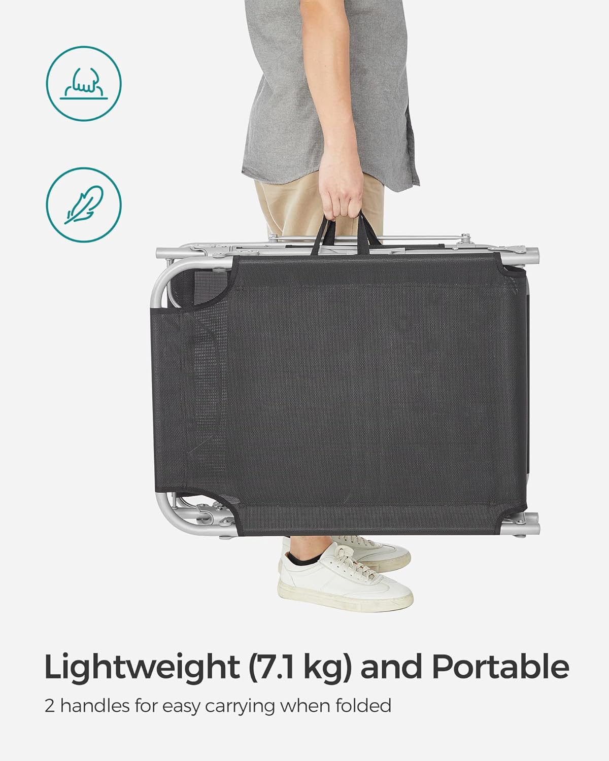 SONGMICS Sezlong pliabil, cu parasolar si tetiera, spatar reglabil in 4 pozitii, maxim 150kg, 193x53x29cm, gri
