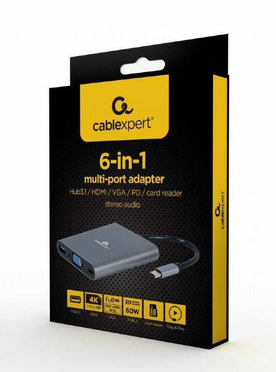 DOCKING Station Gembird universal, 6-in-1, conec PC USB Type C, USB-C x 1, USB-A 3.1 x 1, porturi video HDMIx1, VGAx1, PD 60 W, SD, microSD, Audio, argintiu "A-CM-COMBO6-01"