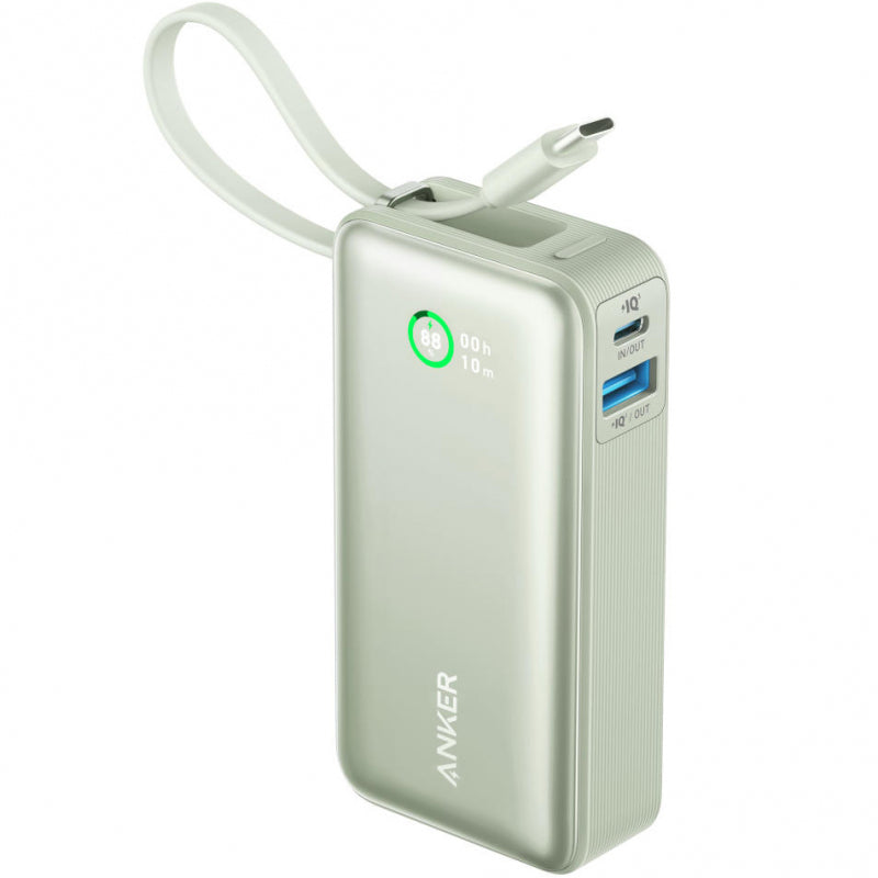 POWER BANK Anker "Nano" 10.000 mAh, 30W PD si Power IQ 3.0, 1 x USB, 1 x USB-C, cablu USB-C, incarcare bidirectionala, 213 g, verde, "A1259G61" - 0194644179373