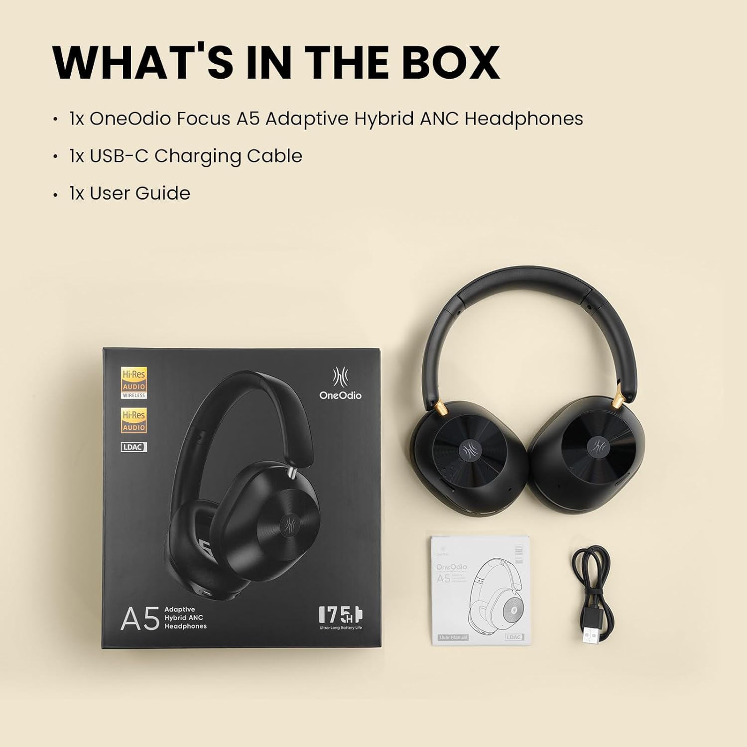 Casti OneOdio "A5", Over-Ear, utilizare multimedia, Bluetooth 5.4 | fir Jack 3.5mm, multi-point connection, hybrid ANC, pana la 75 de ore, pliabile, difuzor 40mm, negru, "A5-Black" (timbru verde 0.8 lei) -