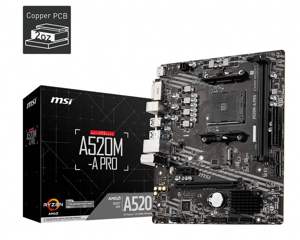 PLACA de BAZA MSI A520M, skt AM4, AMD A520, mATX, slot RAM 2 x DDR4, max 64 GB, 4x S-ATA 3, 1x M.2, 1x PCI-E, PCI-E3.0 x 16 x 1, PCI-E3.0 x 1 x 1, LAN 10/100/1000 Mbps, HDMI, DVI-D, 7.1, "A520M-A_PRO"