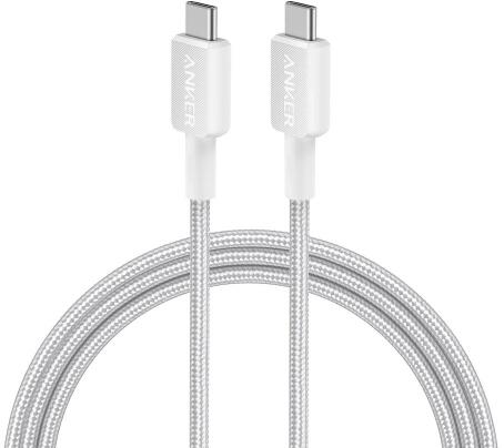 Cablu alimentare si date Anker, USB Type-C (T) la USB Type-C (T), 0.9m rata transfer 480 Mbps, 60W, invelis nylon, braided, alb, "A81F5G21" - 0848061019612