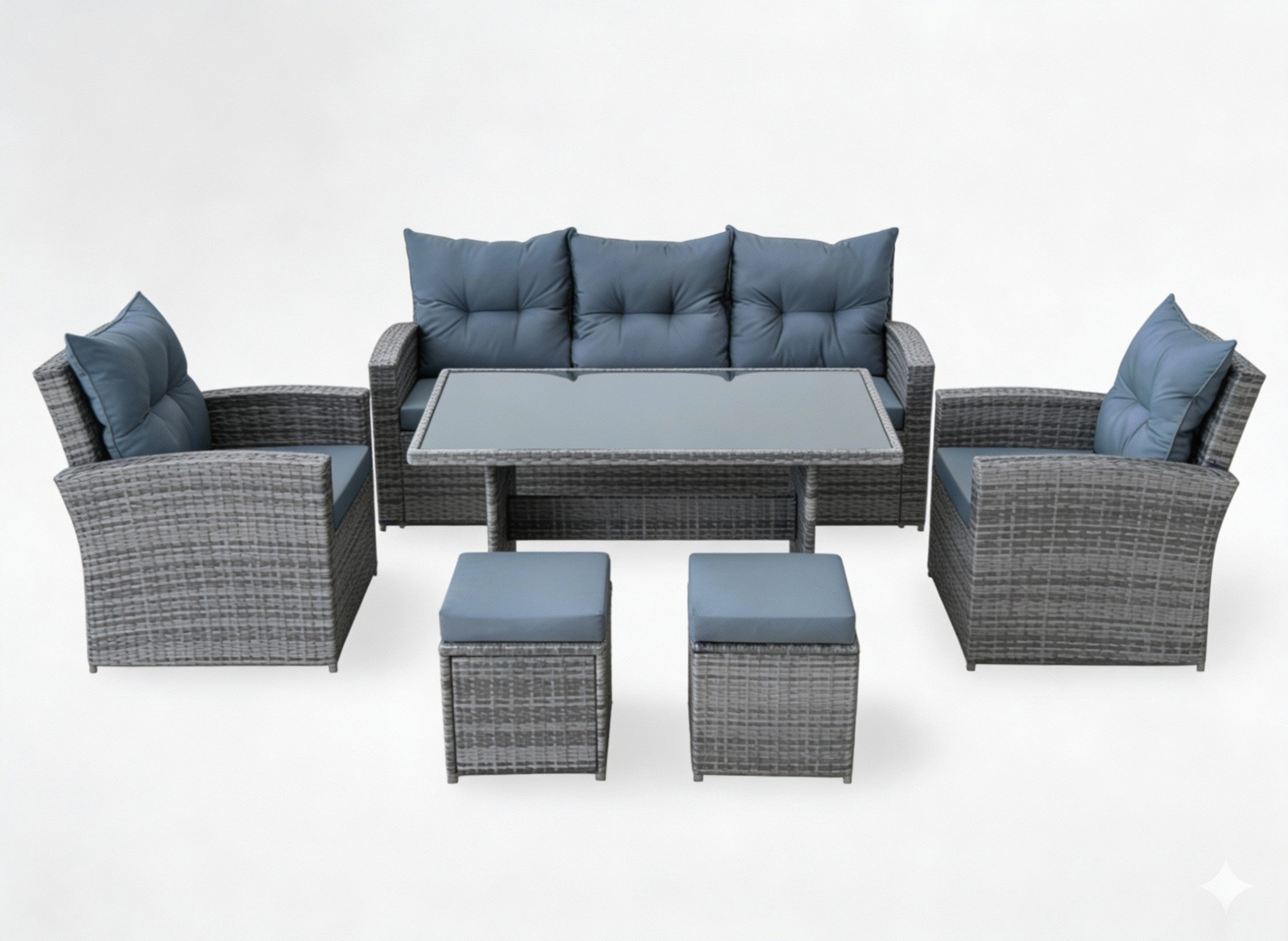 Set mobilier gradina 7 piese, canapea 3 locuri, 2 fotolii, 2 tabureti si masa cu blat sticla, ratan PE, 187x78x85 cm, gri