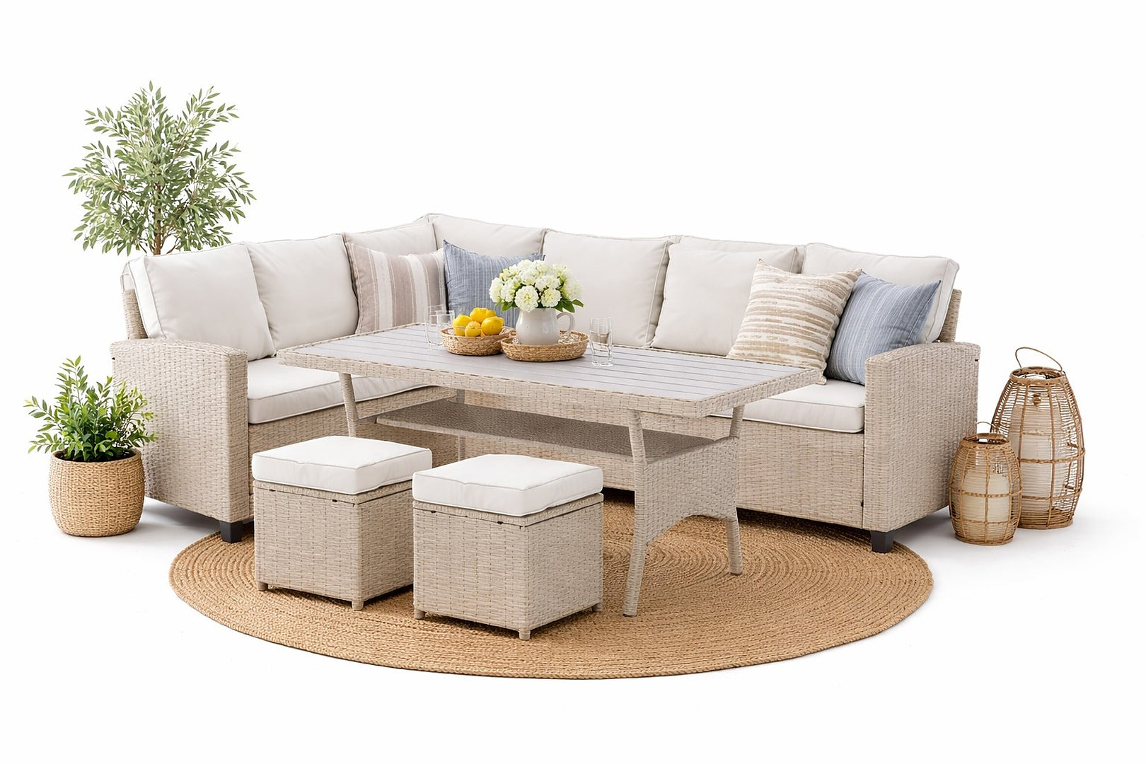 Set mobilier gradina Cesme 4 piese, canapea, masa si 2 tabureti, ratan PE, 179x65x73 cm, bej