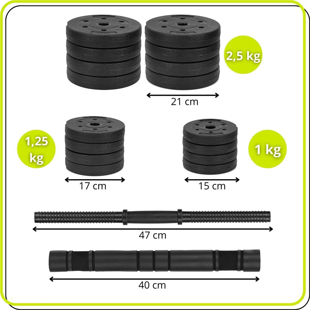 Set gantere si bara ajustabila 30 kg, 16 discuri, conector metalic cu spuma, negru