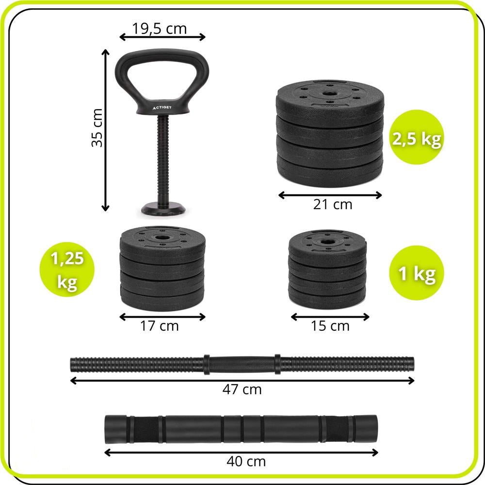 Set gantere, bara si kettlebell ajustabil 30 kg, 16 discuri, conector si suport dedicat, negru