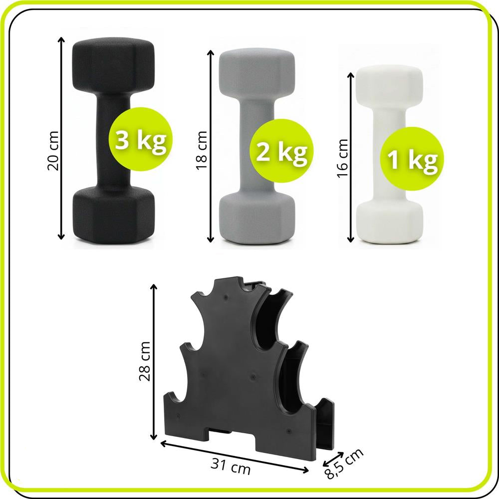 Set gantere din fonta cu invelis neopren, 12 kg cu suport, capete hexagonale, 2x1 kg 2x2 kg 2x3 kg, multicolor