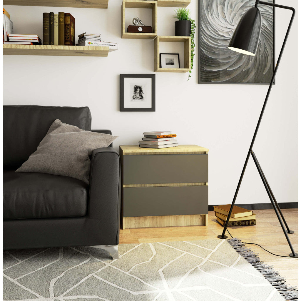 Noptiera cu 2 sertare din PAL laminat 16 mm, 60x40x55 cm, stejar artisan si gri