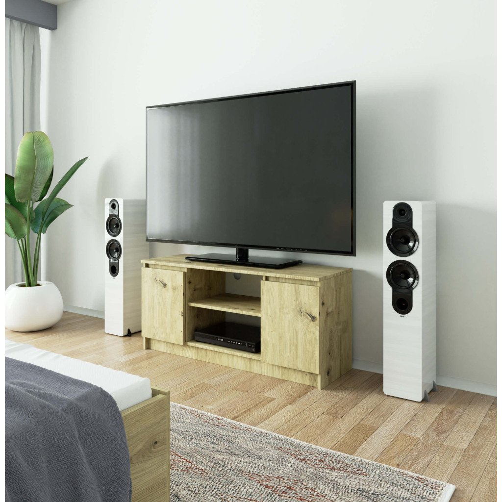Comoda TV cu 2 usi si o polita, PAL laminat 16 mm, 120x40x55 cm, stejar artisan