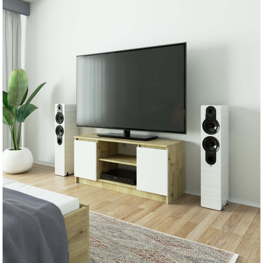 Comoda TV cu 2 usi si o polita, PAL laminat 16 mm, 120x40x55 cm, stejar artisan si alb