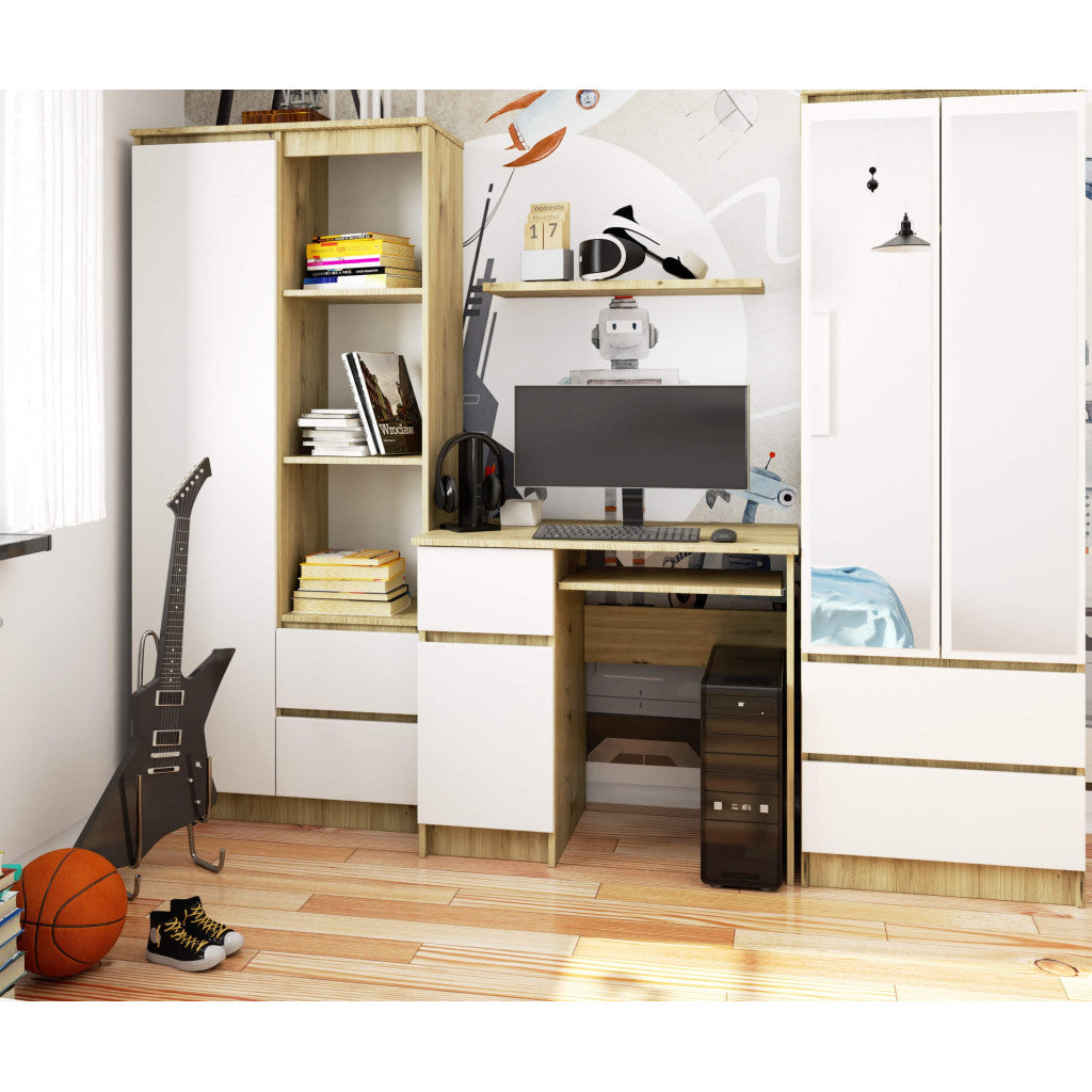 Birou computer PIKSEL, cu sertar, dulap si raft pentru tastatura, stanga, 90x50x77 cm, stejar artisan si alb