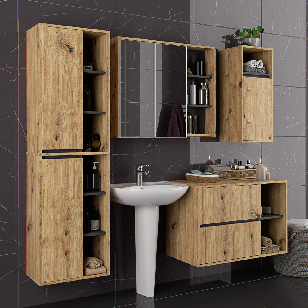 Dulap de baie suspendat cu 2 usi si 6 rafturi, PAL 16 mm, 50x30x170 cm, stejar artisan si gri