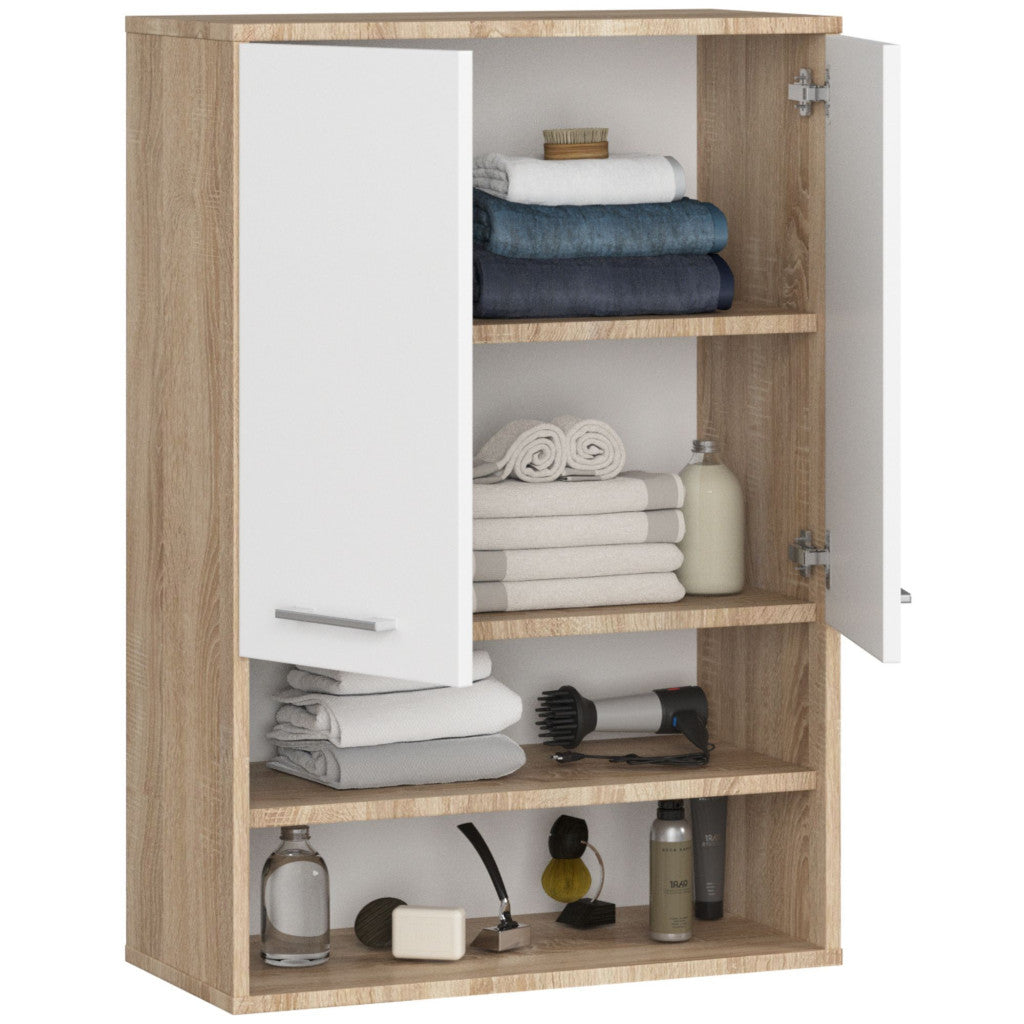 Dulap baie suspendat, cu 2 usi si 2 rafturi deschise, PAL 16 mm, 64x30x94 cm, stejar sonoma si alb