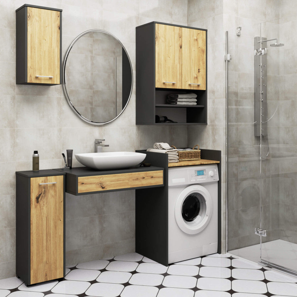 Dulap baie suspendat, cu 2 usi si 2 rafturi deschise, PAL 16 mm, 64x30x94 cm, gri si stejar artisan