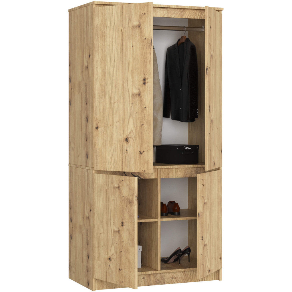 Dulap cu 4 usi, rafturi si bara pentru umerase, PAL laminat, 90x51x180 cm, stejar artisan