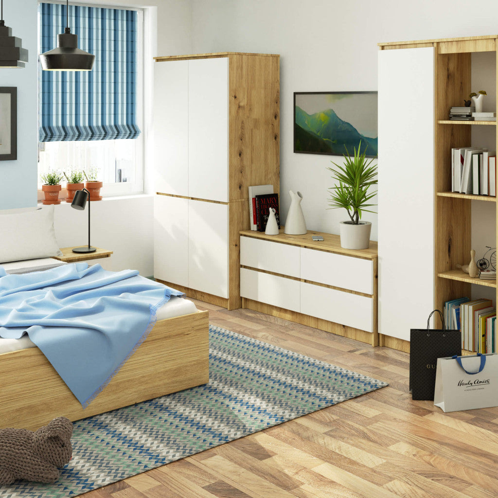 Dulap cu 4 usi, rafturi si bara pentru umerase, PAL laminat, 90x51x180 cm, stejar artisan si alb