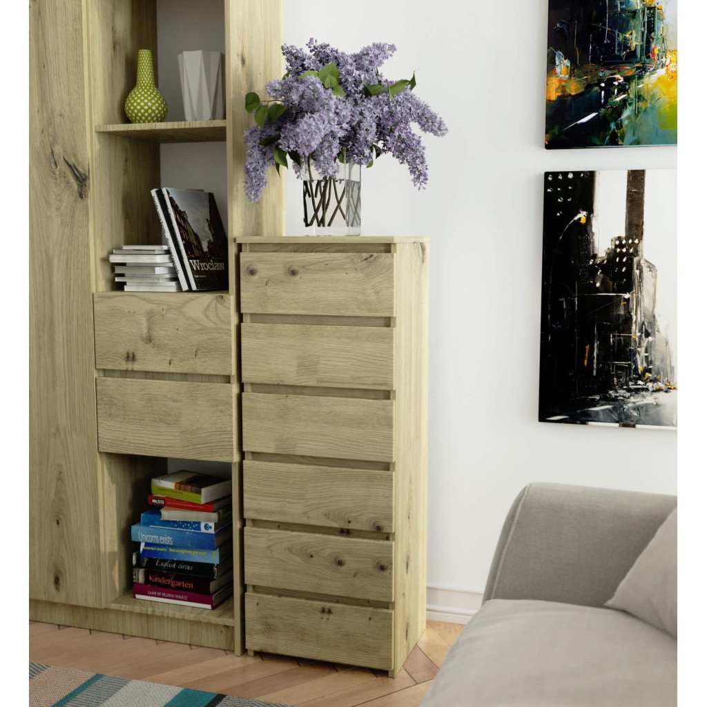 Comoda cu 6 sertare, PAL laminat 16 mm, 40x35x109 cm, stejar artisan